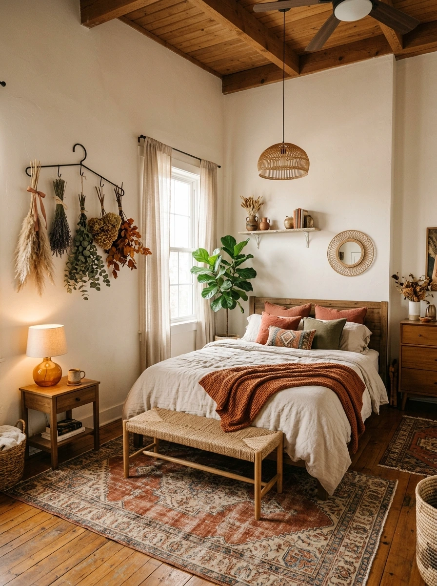 earthy boho fall bedroom decor ideas 12