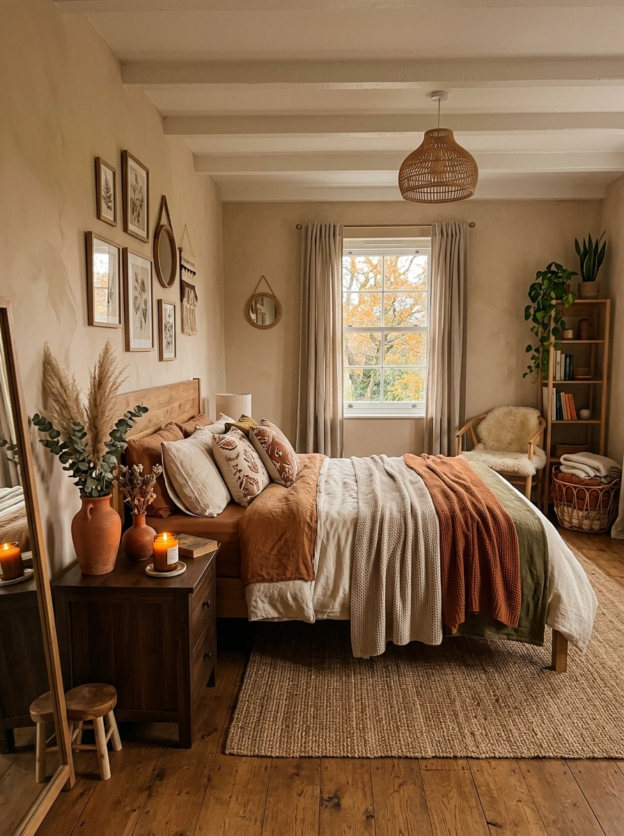 earthy boho fall bedroom decor ideas 18