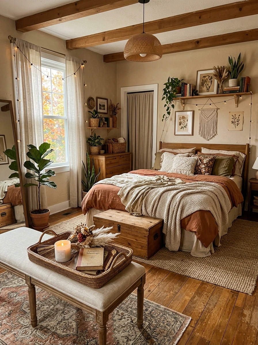 earthy boho fall bedroom decor ideas 21