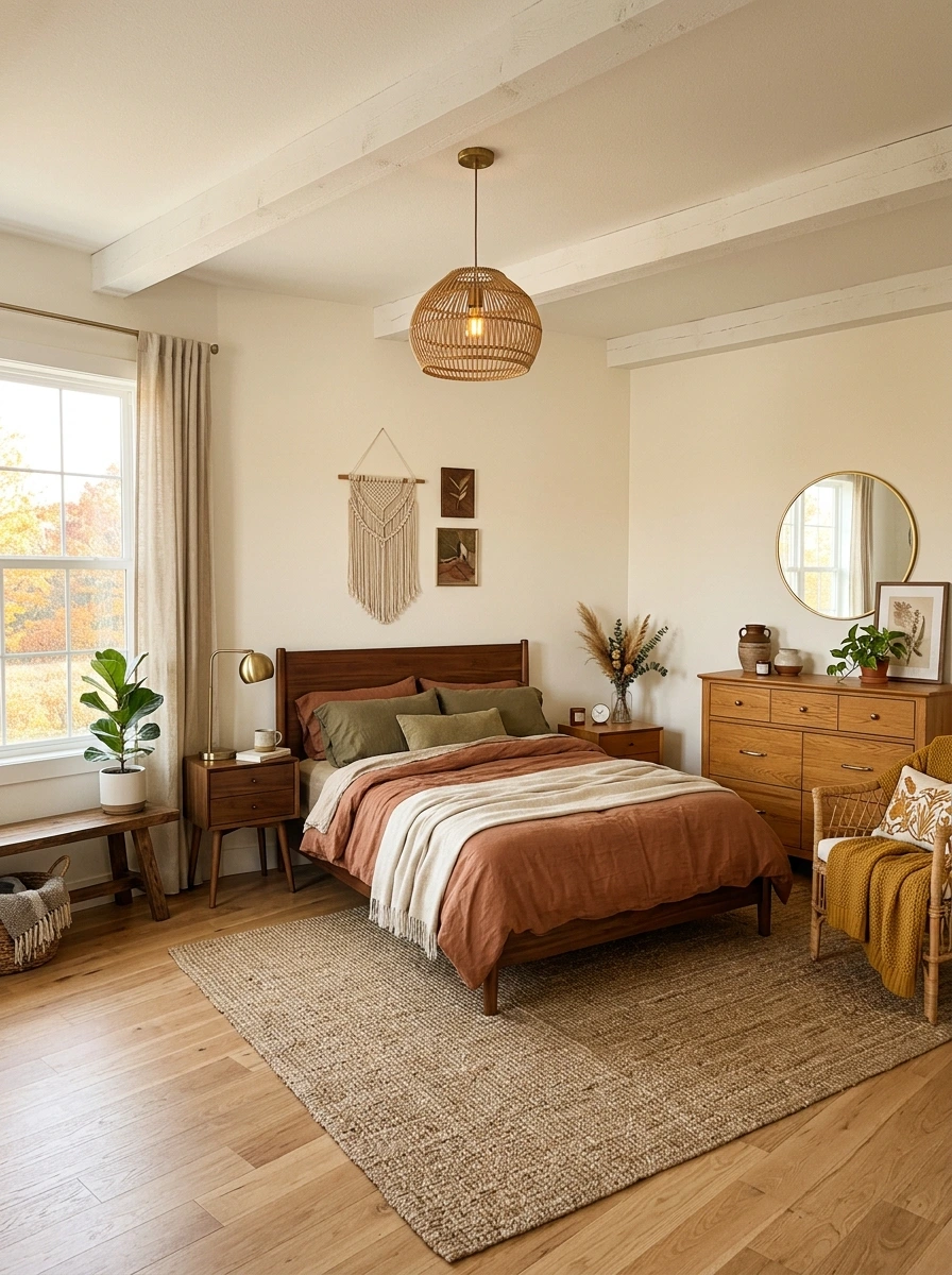 earthy boho fall bedroom decor ideas 22