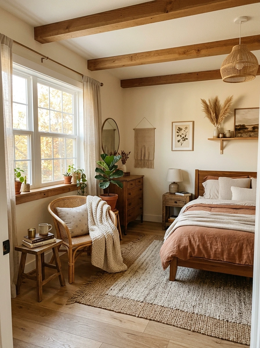 earthy boho fall bedroom decor ideas 23