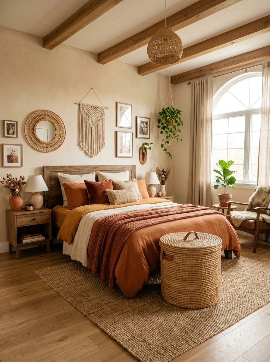 earthy boho fall bedroom decor ideas 25