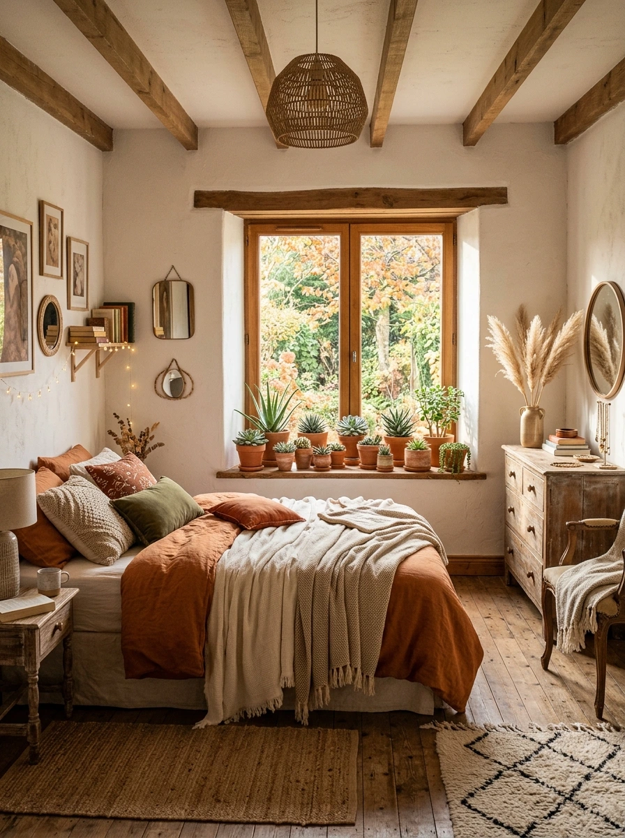 earthy boho fall bedroom decor ideas 26