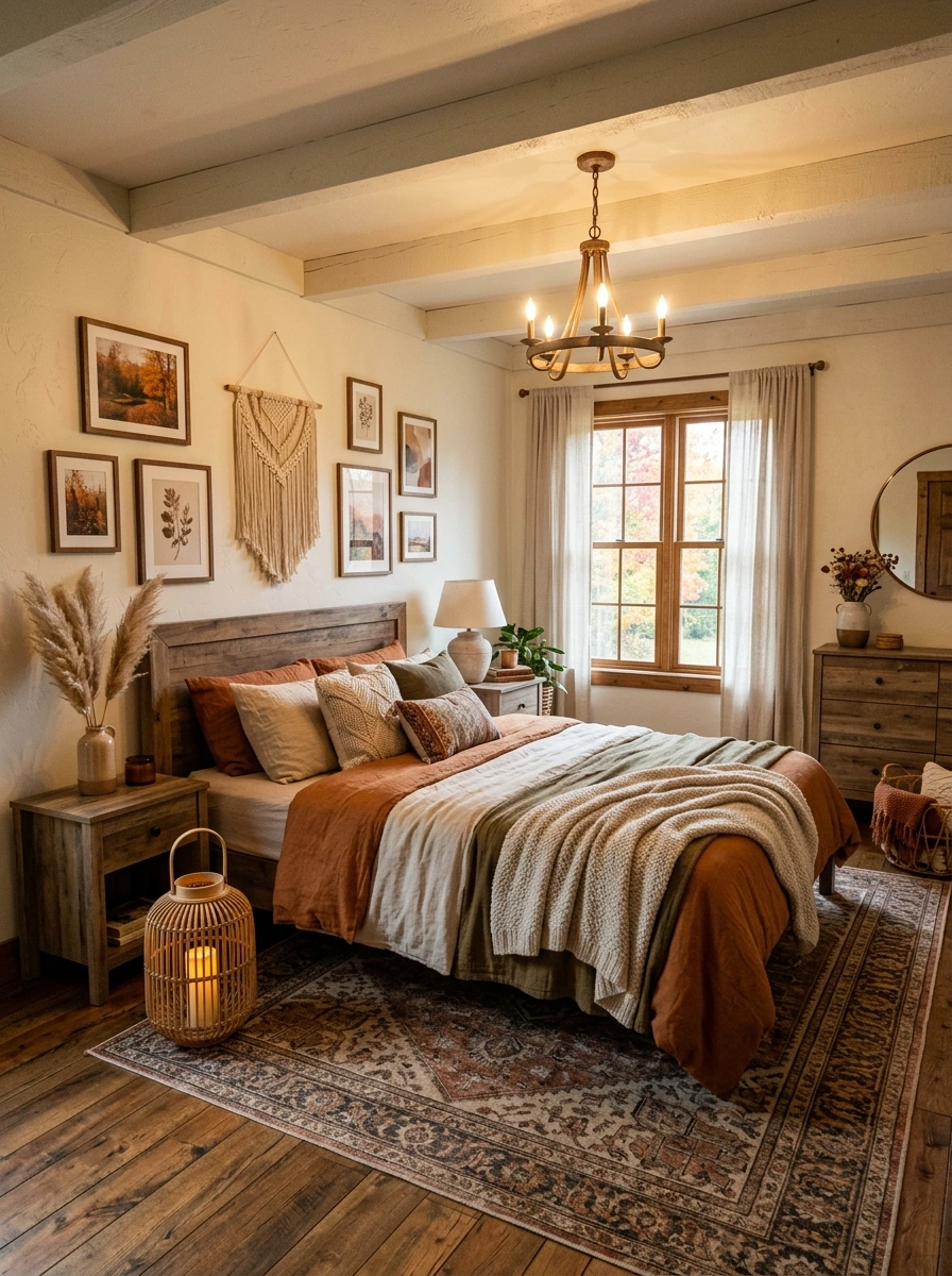 earthy boho fall bedroom decor ideas 27