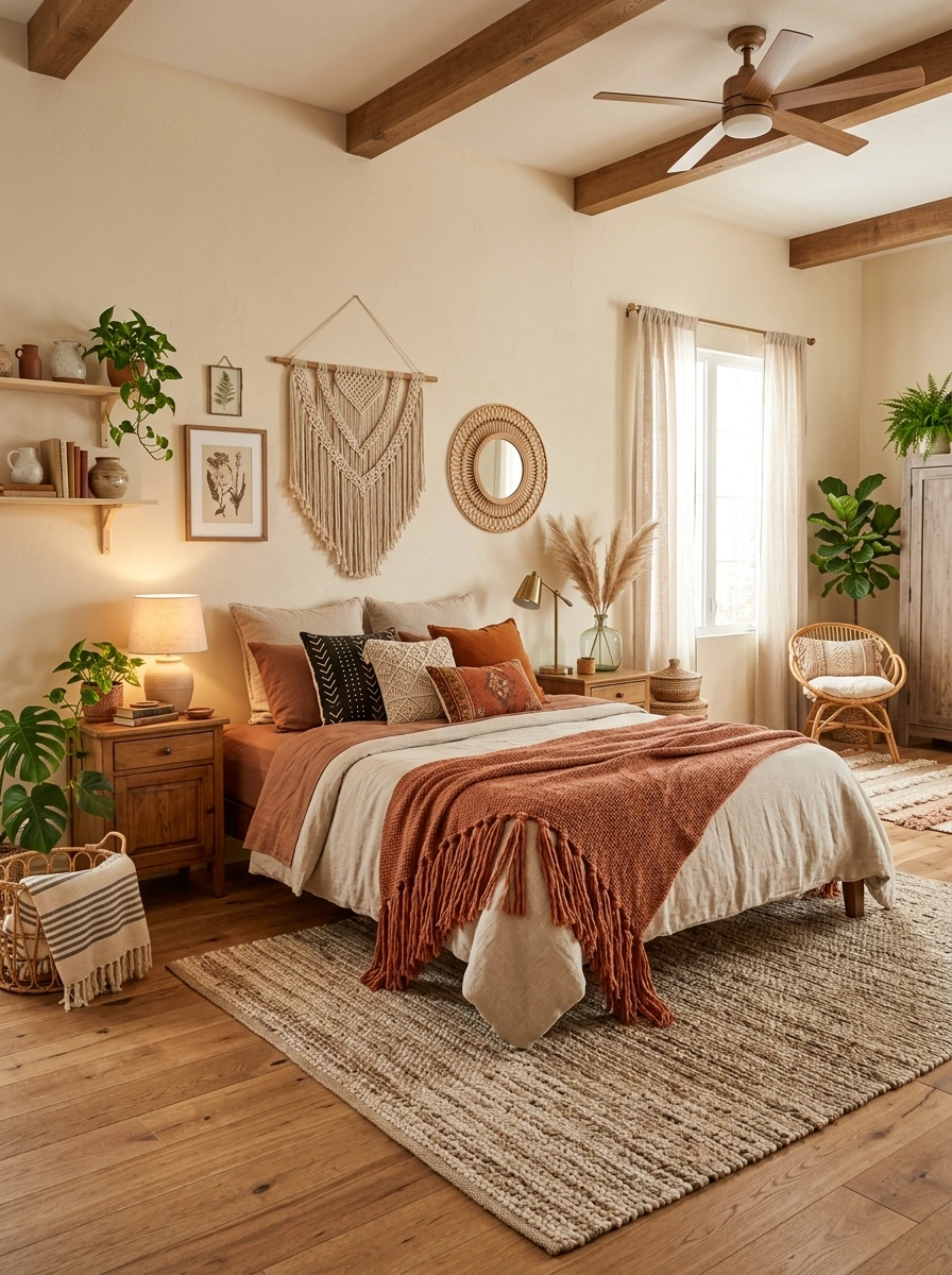 earthy boho fall bedroom decor ideas 28