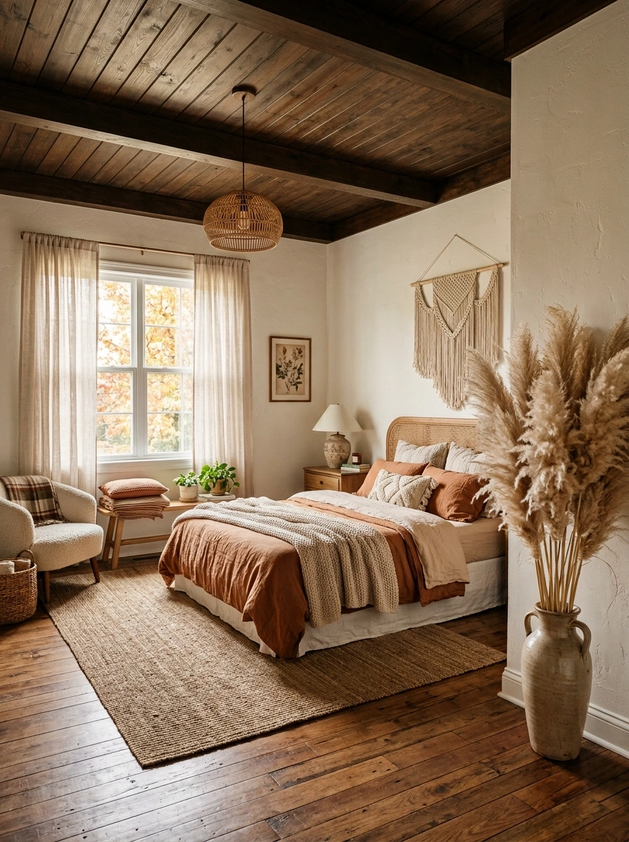 earthy boho fall bedroom decor ideas 30