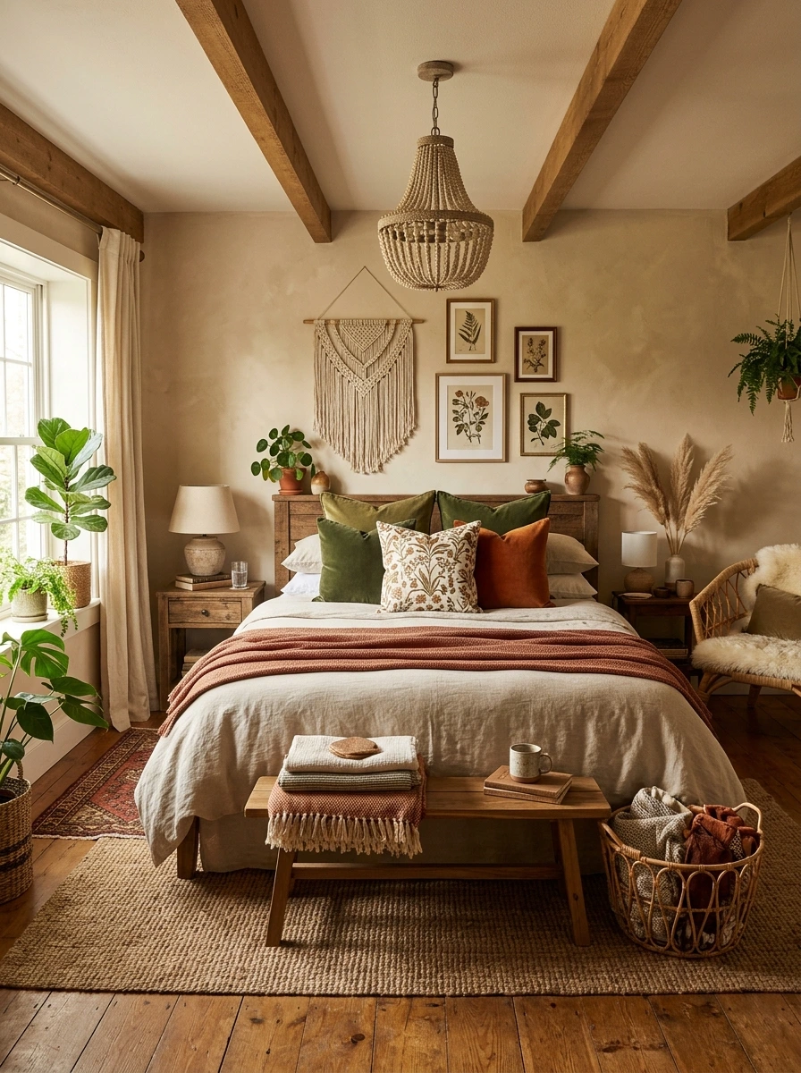 earthy boho fall bedroom decor ideas 4
