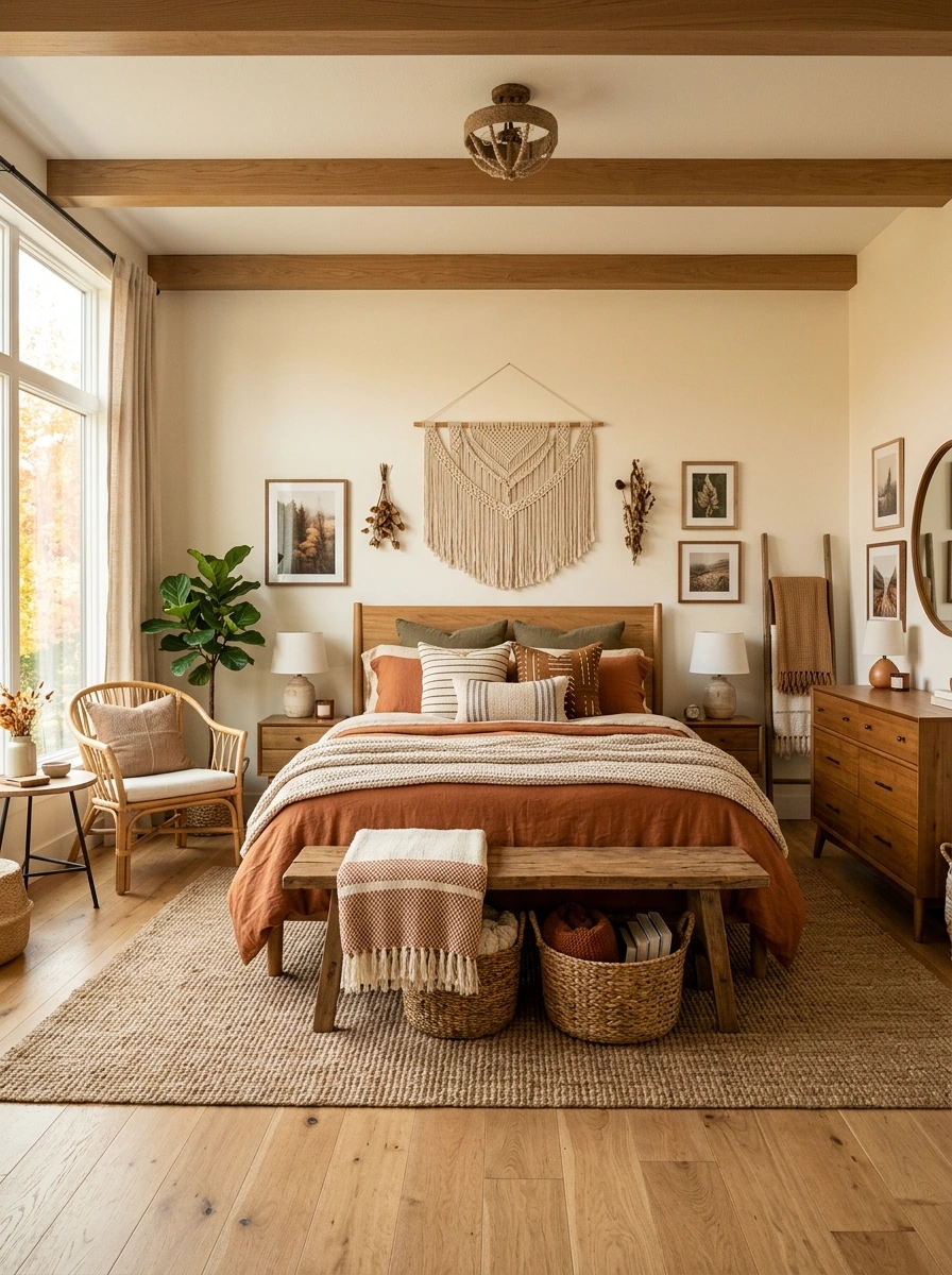 earthy boho fall bedroom decor ideas 9