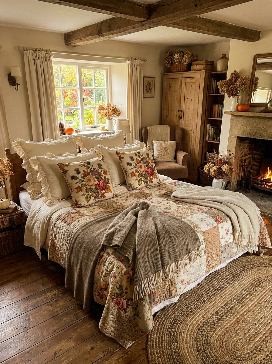 english cottage style fall bedroom decor ideas 14
