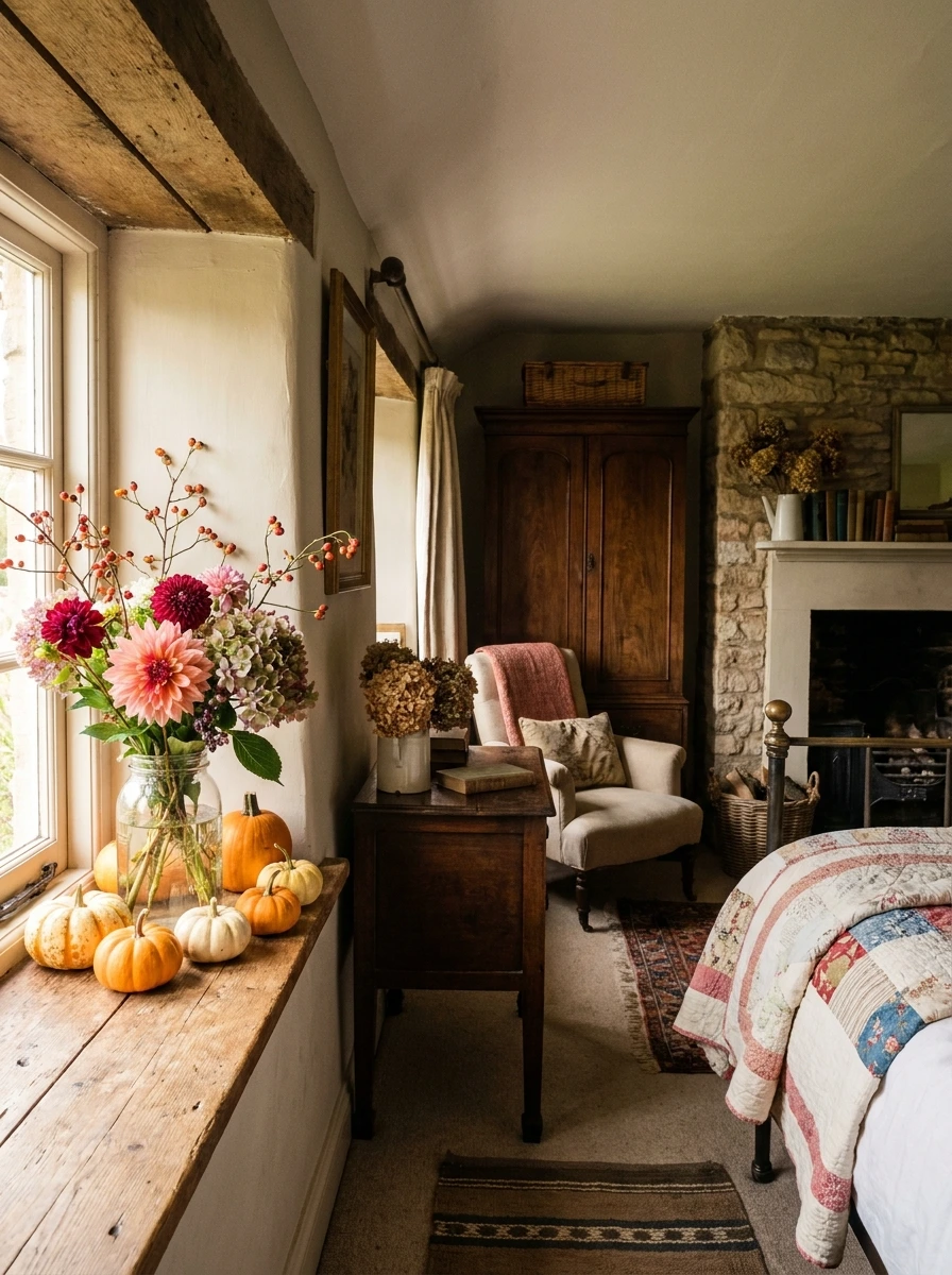 english cottage style fall bedroom decor ideas 16