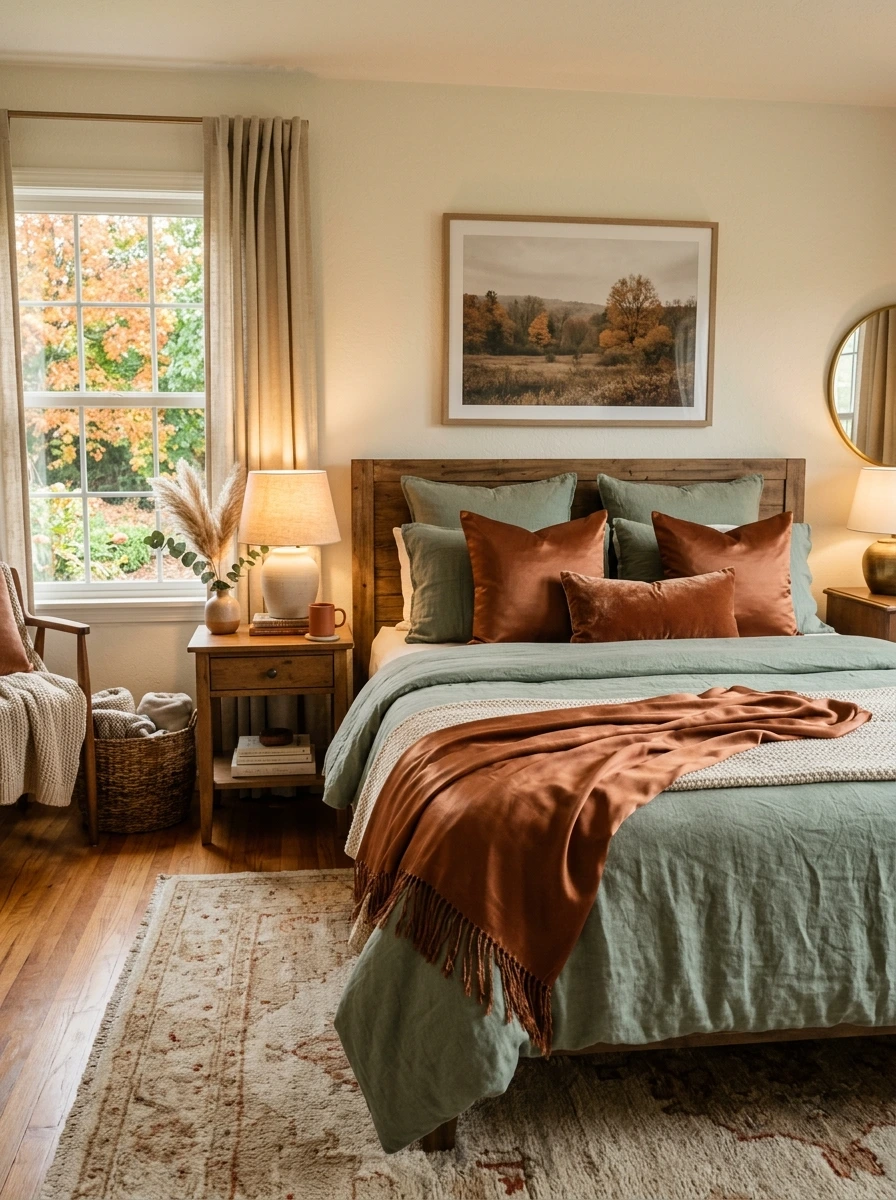 sage green and copper fall room decor 13