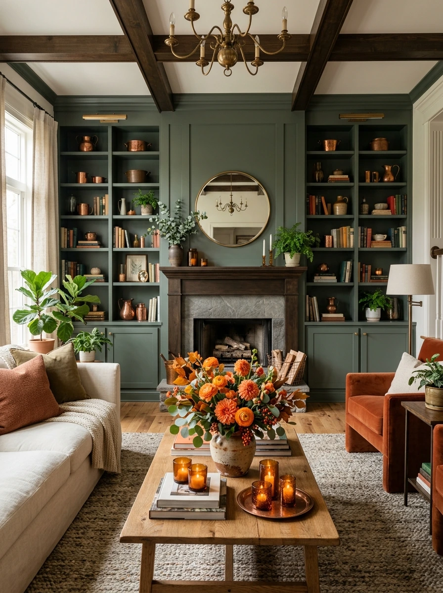 sage green and copper fall room decor 3