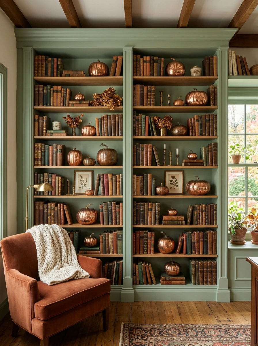 sage green and copper fall room decor 34