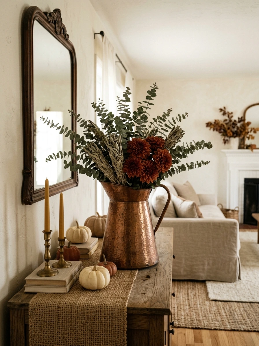 sage green and copper fall room decor 9